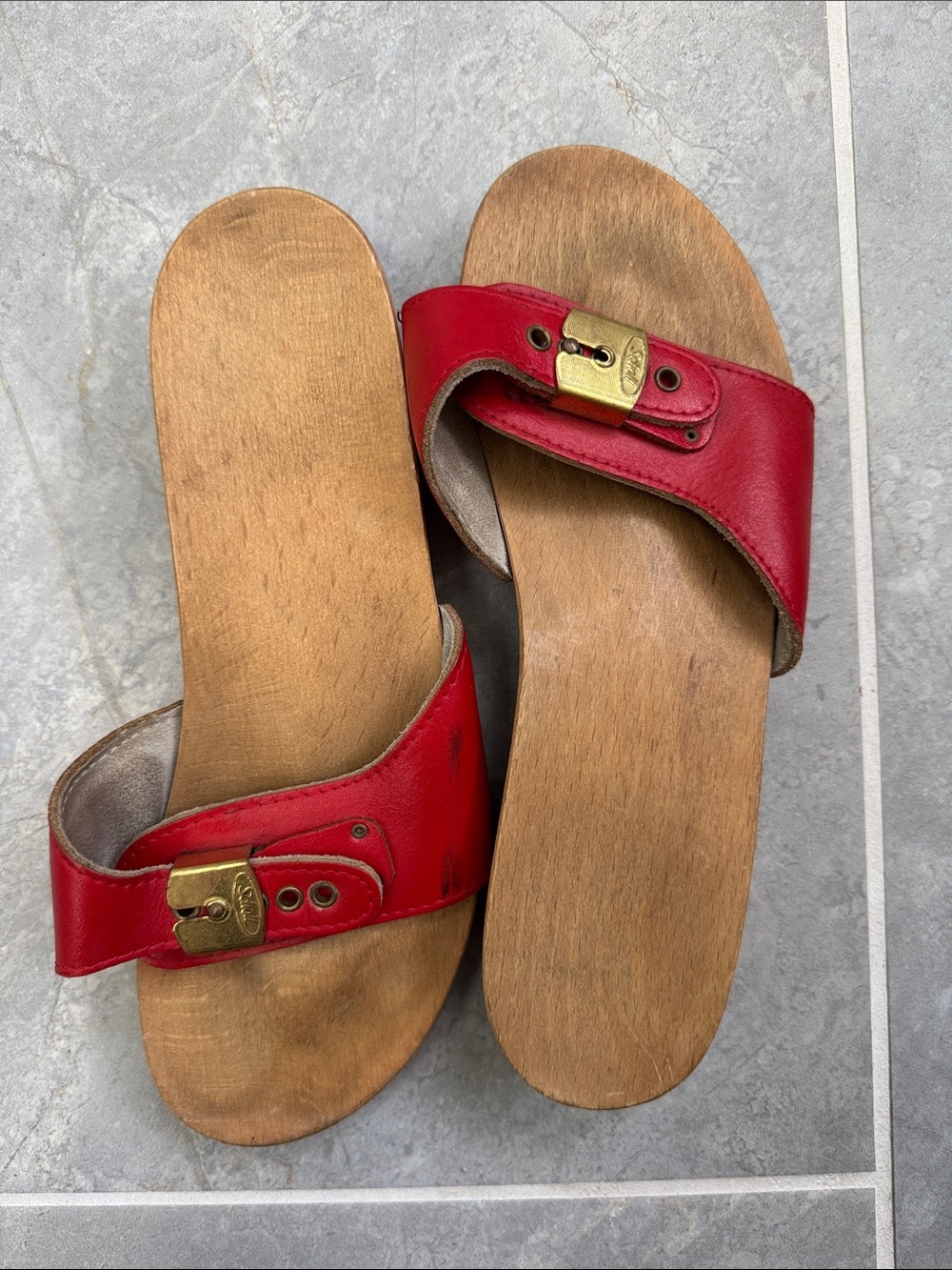 Dr. Scholl's Red Leather Slide Sandals with Gold Buckles